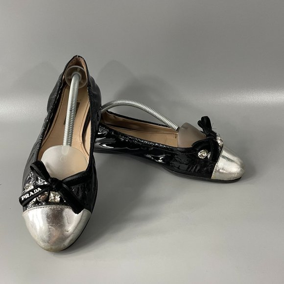Prada Black Patent Leather Ballet Flats with Crystal on Front, Size 39 - Picture 1 of 14
